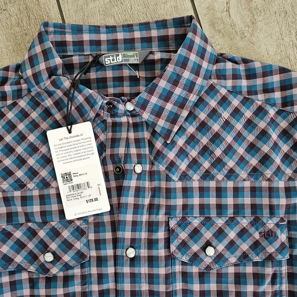 Stio Eddy Long Sleeve Shirt Mens Blue Check Hiking Outdoors Camping REI New NWT - Picture 4 of 5